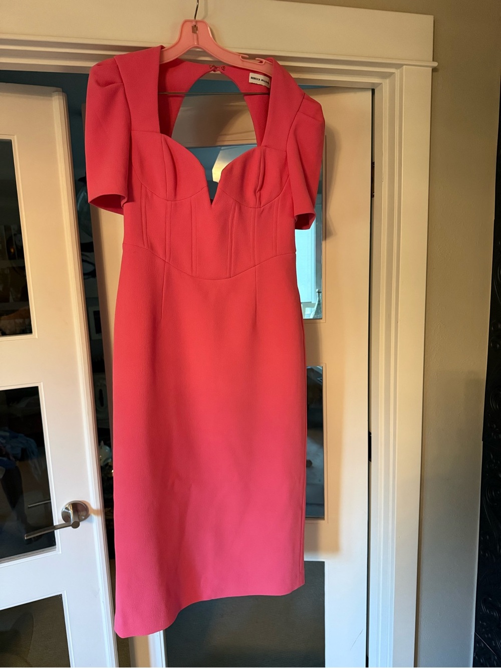 Rebecca Vallance Coral Pink Midi Dress with Sweetheart Bodice